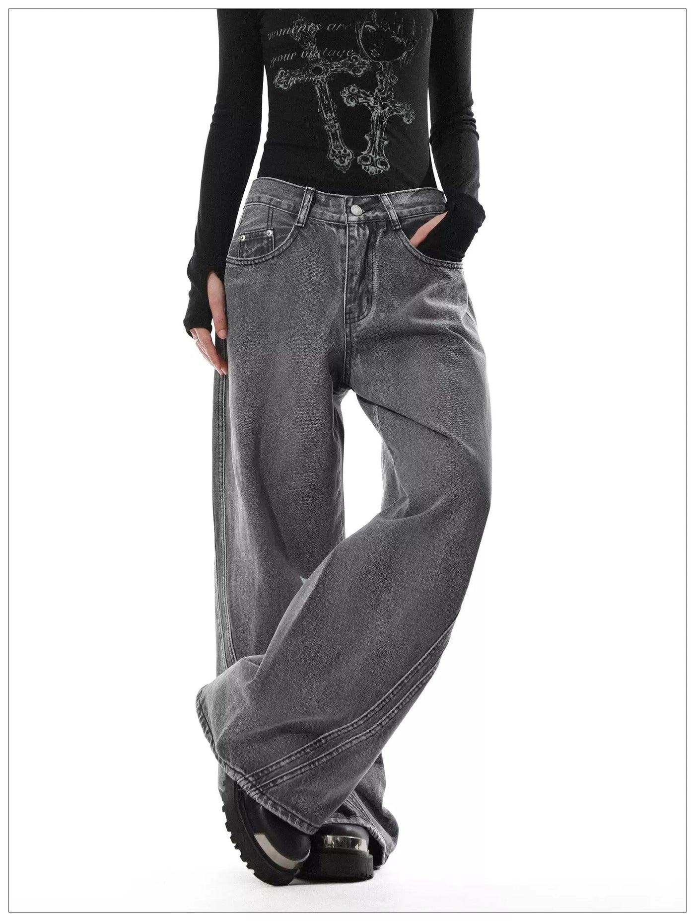 Structured Washed Wide Leg Jeans