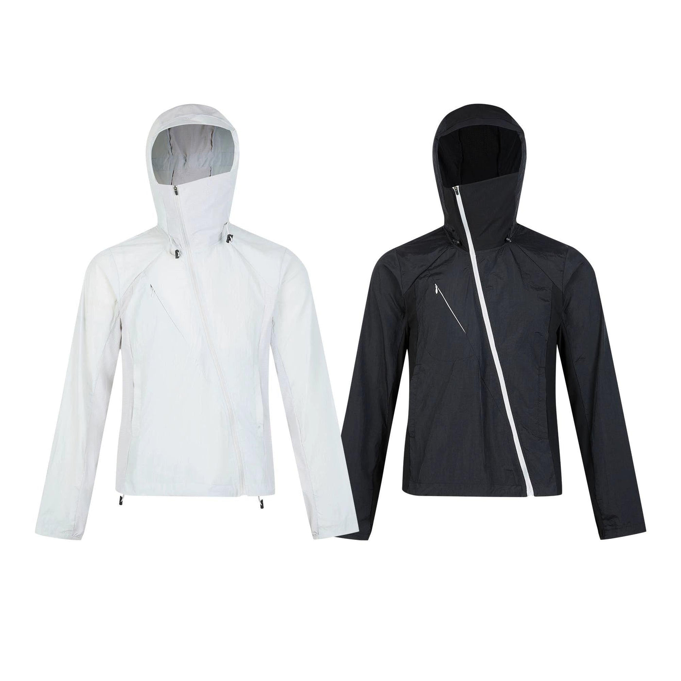 Diagonal Zip Hooded Nylon Jacket