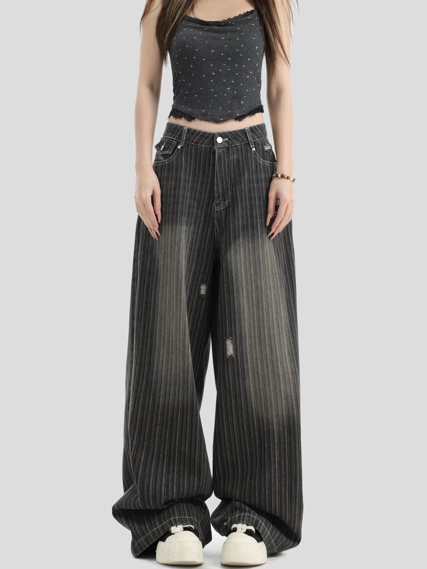 Faded Vertical Striped Distressed Jeans
