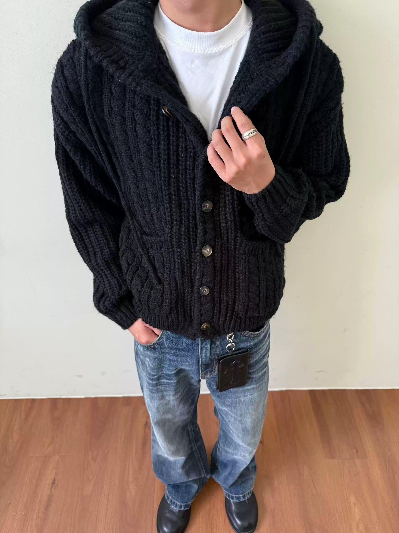 Twisted Knit Hooded Buttoned Sweater