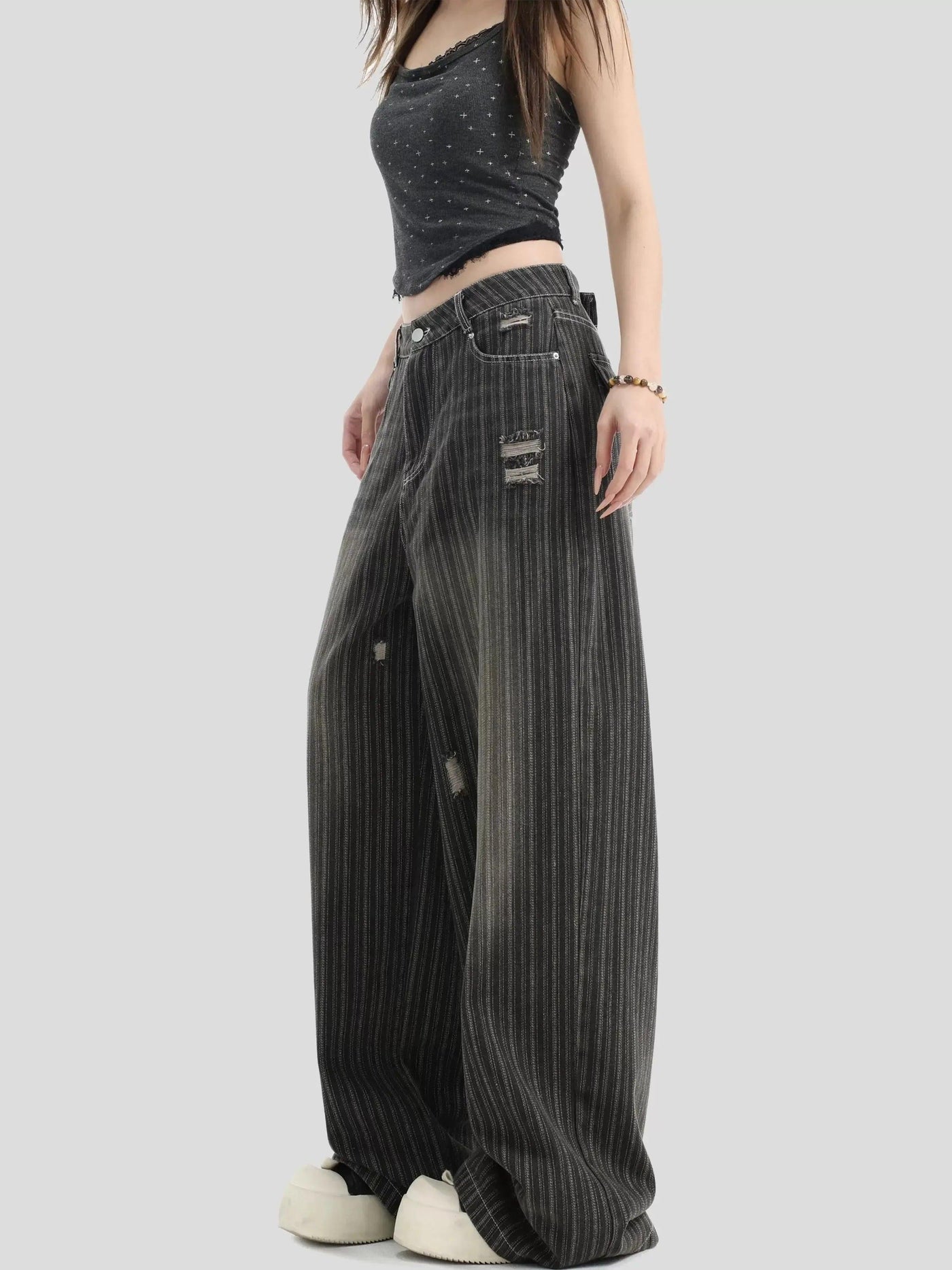 Faded Vertical Striped Distressed Jeans