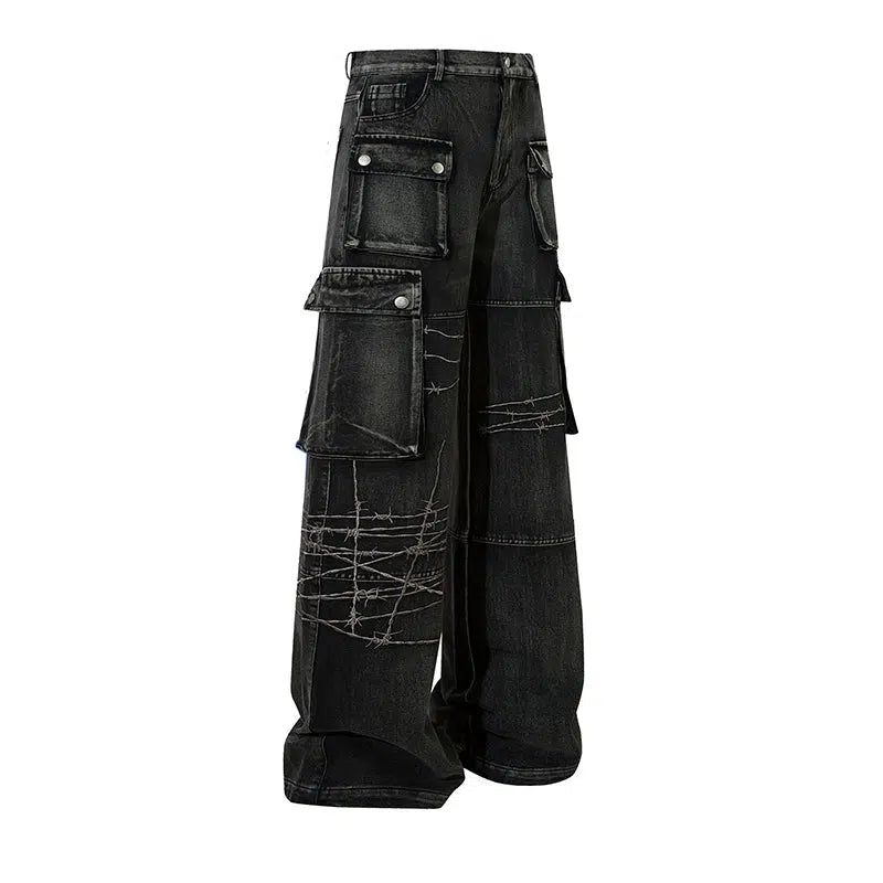 Washed Embroidered Cargo Jeans
