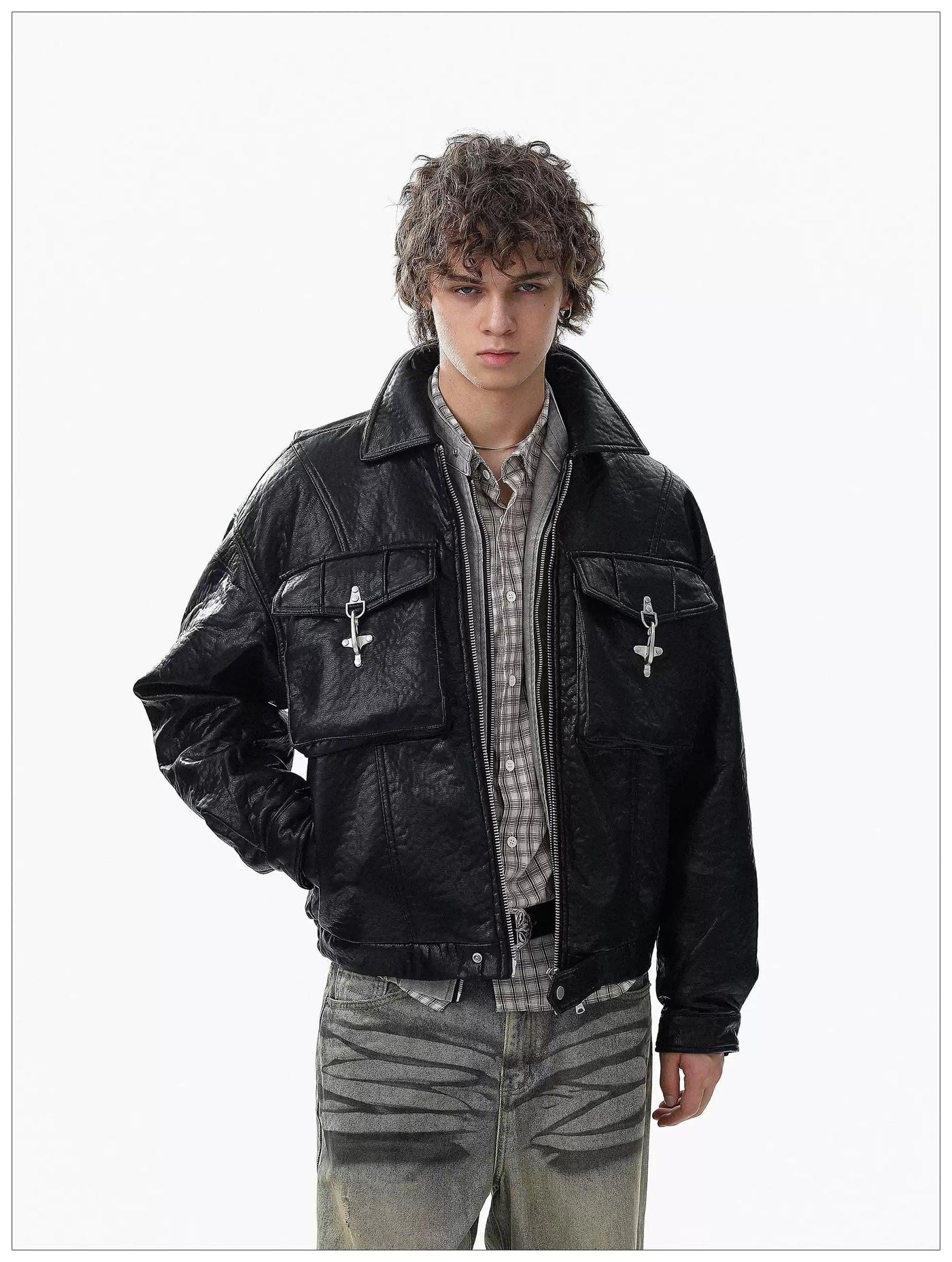 Embossed Pockets Textured PU Leather Jacket