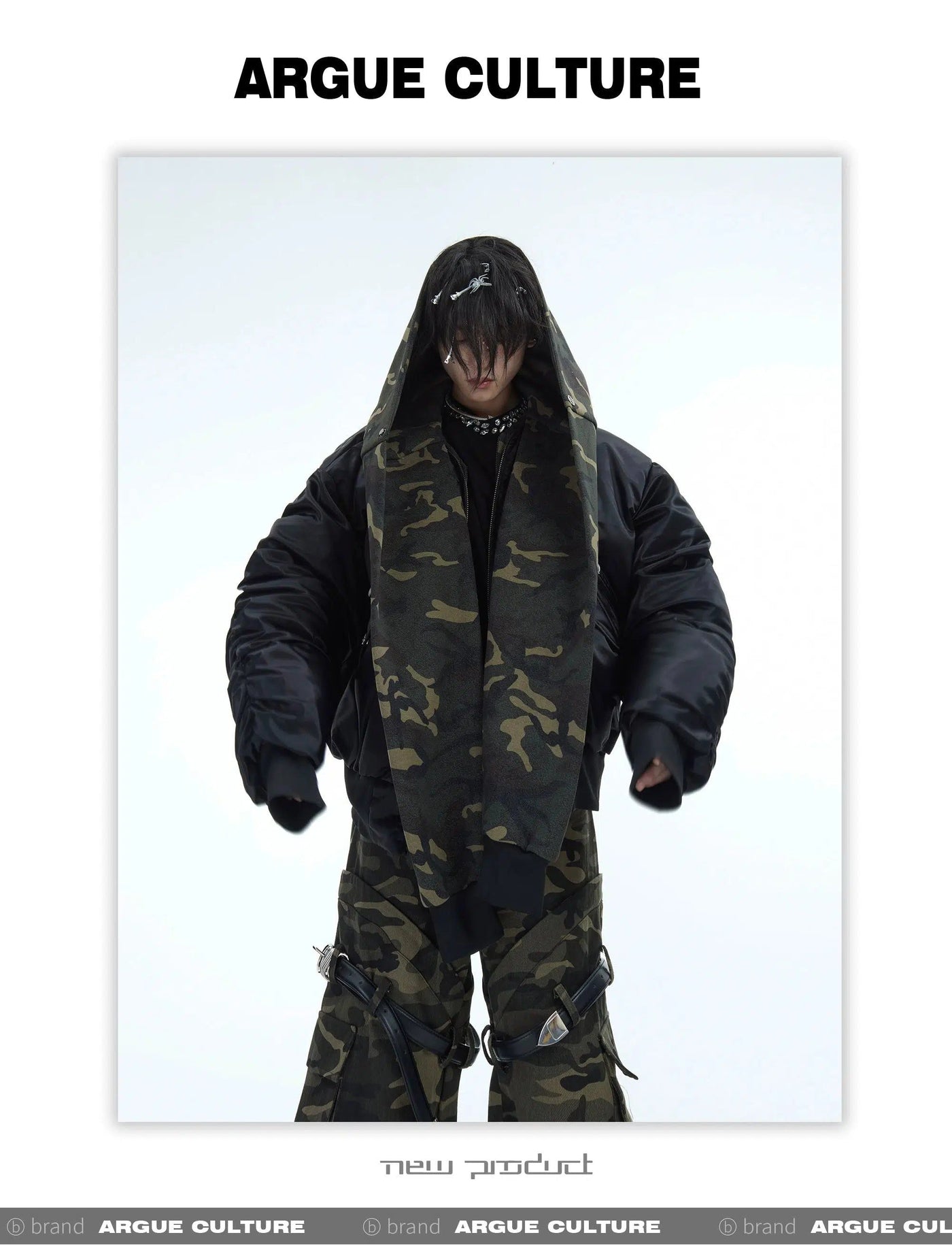 Irregular Sleeves Camo Hooded Jacket