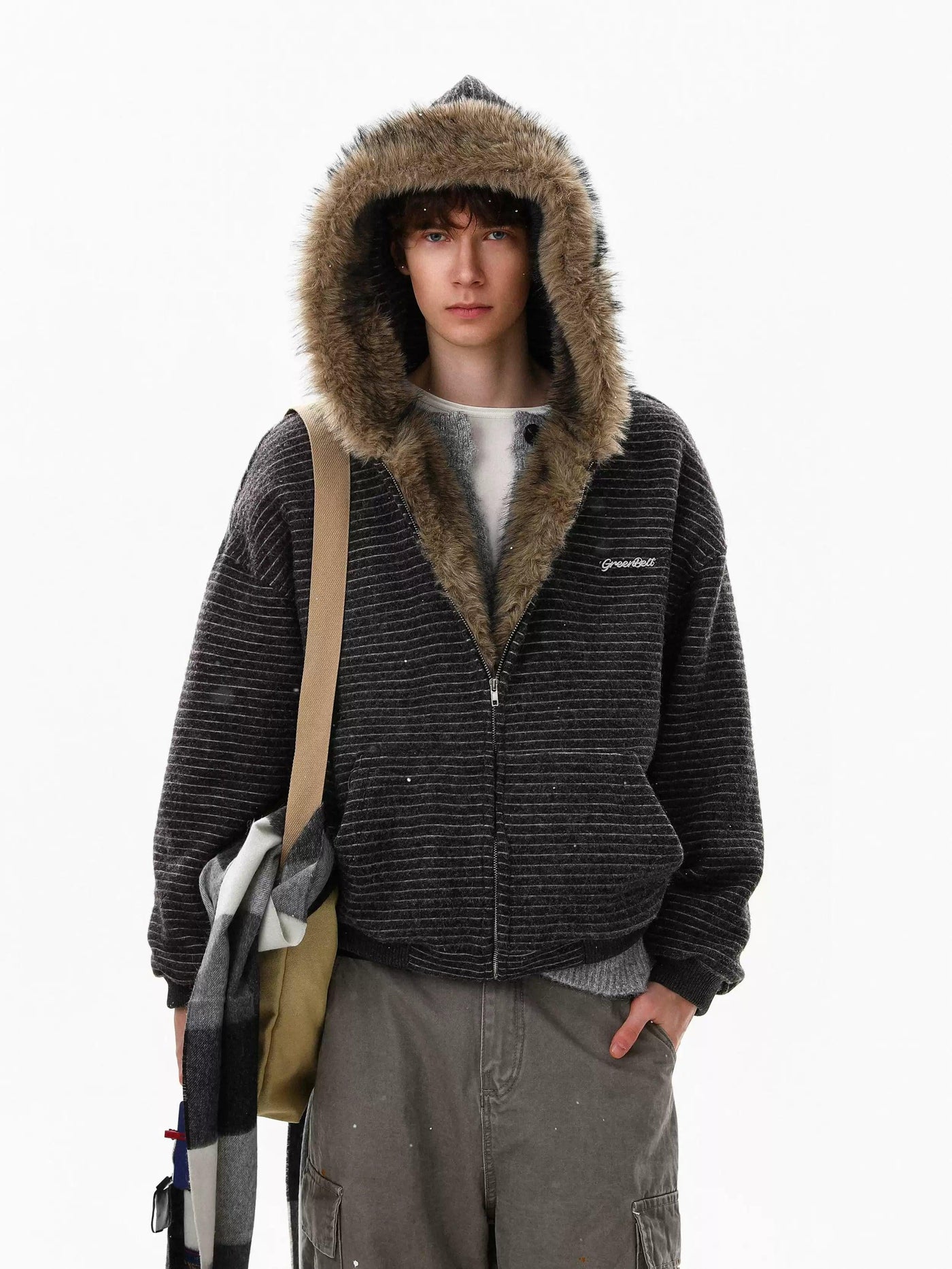 Striped Faux Fur Hood Jacket