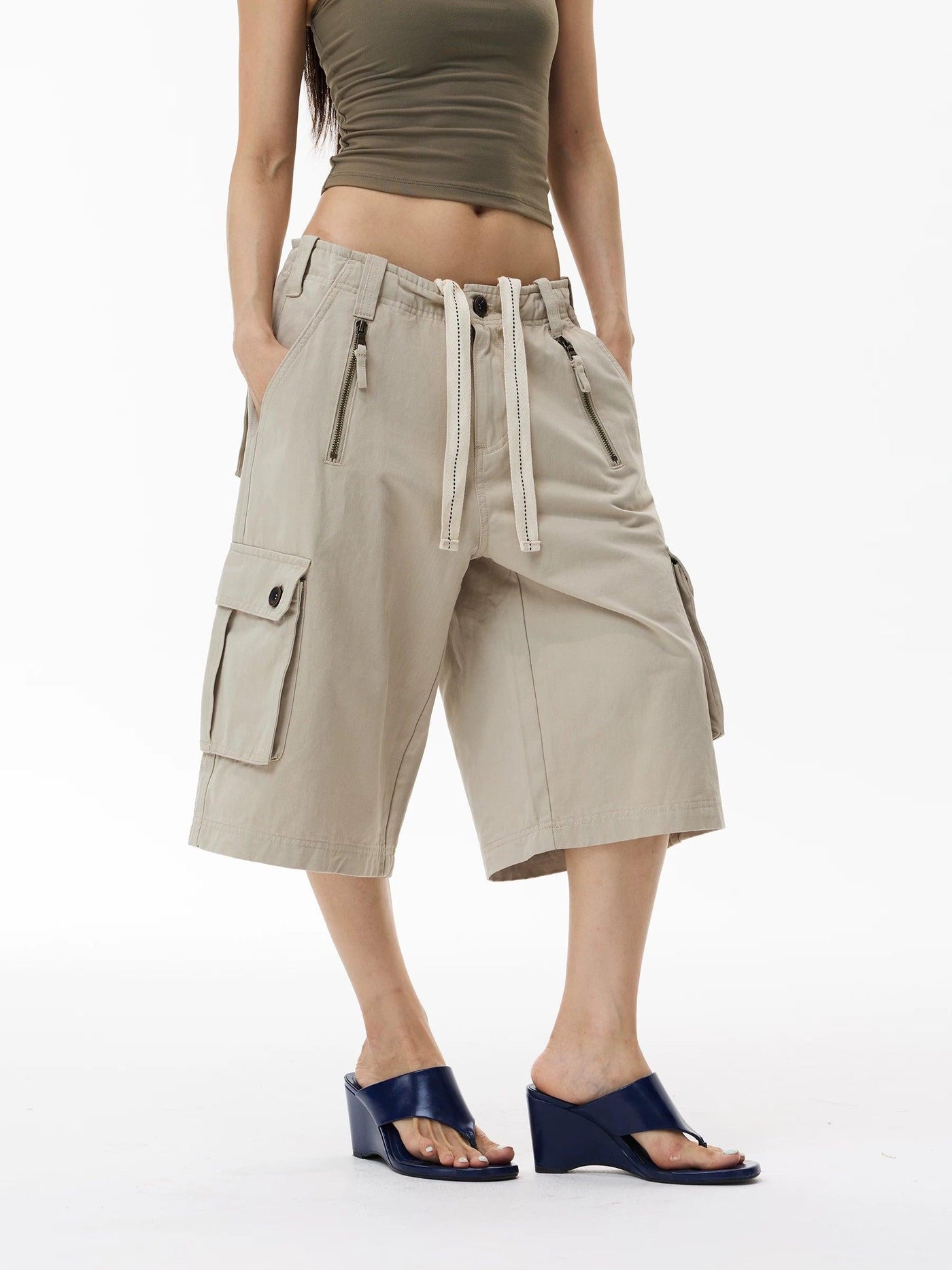 Drawstring Wide Leg Cargo Shorts