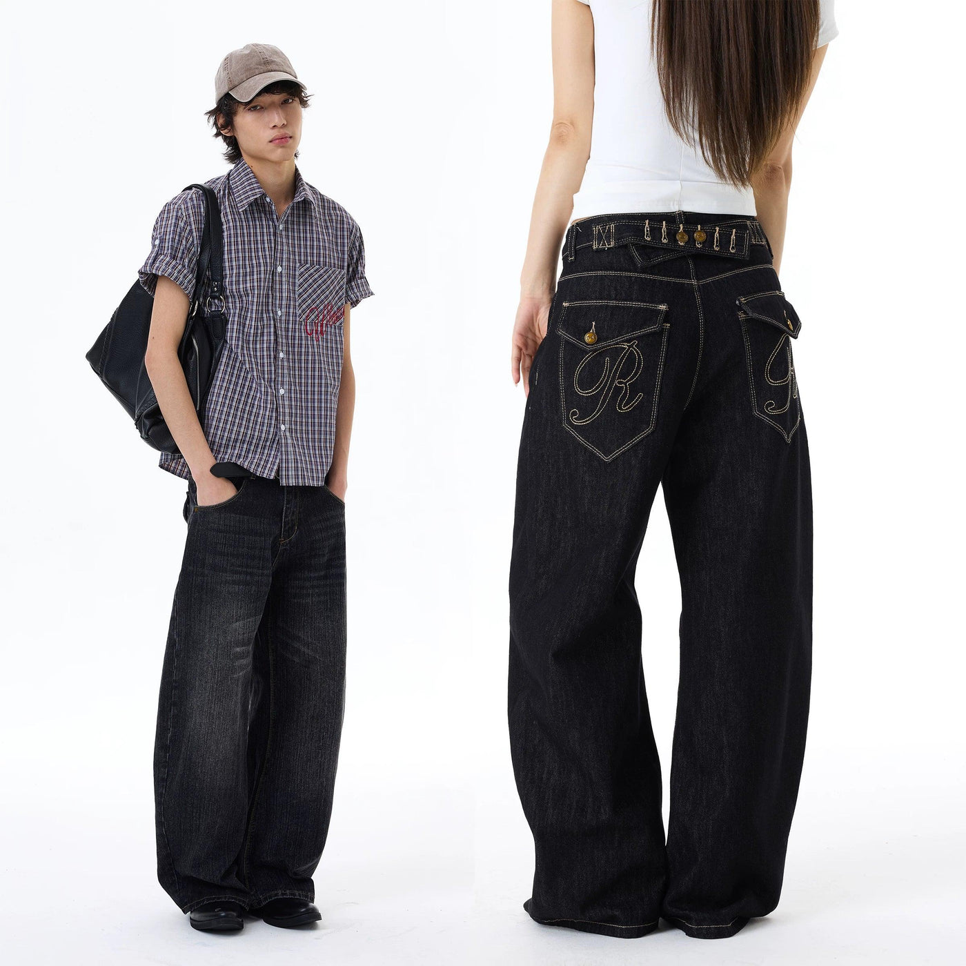Back Strapped Embroidered Pockets Jeans