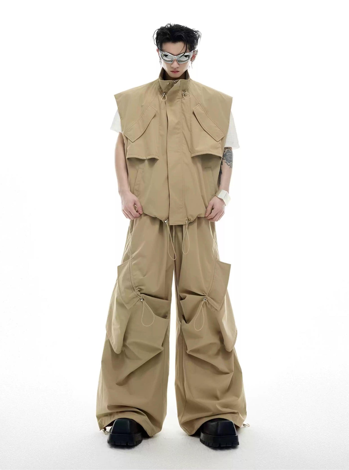 Drawstring Cargo Vest & Slant Pocket Pants Set