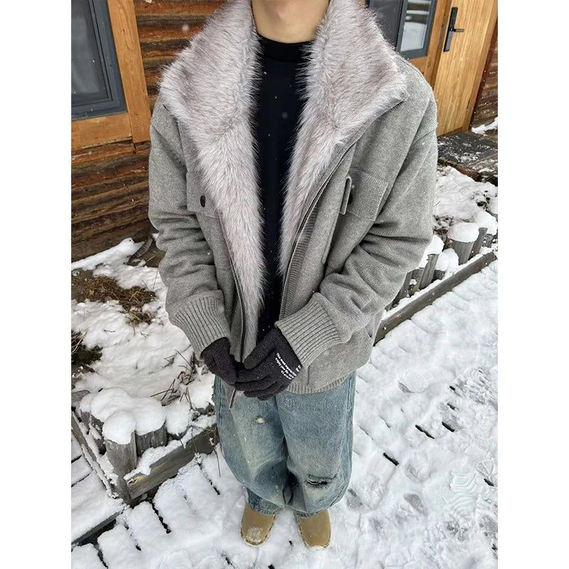 Breast Pocket Faux Fur Knit Jacket