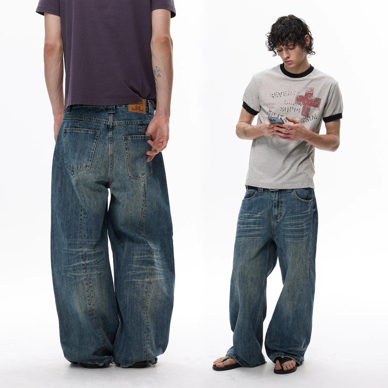 Distressed Whiskers Wide Cut Jeans