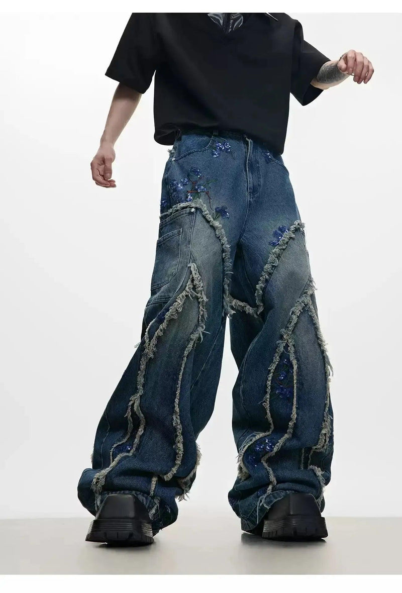 Sequin Embroidered Raw Seam Wide Jeans