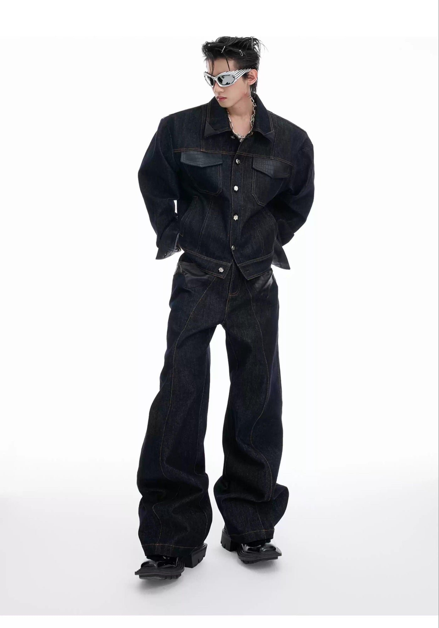 Spliced PU Leather Denim Jacket & Contrast Seamed Jeans Set