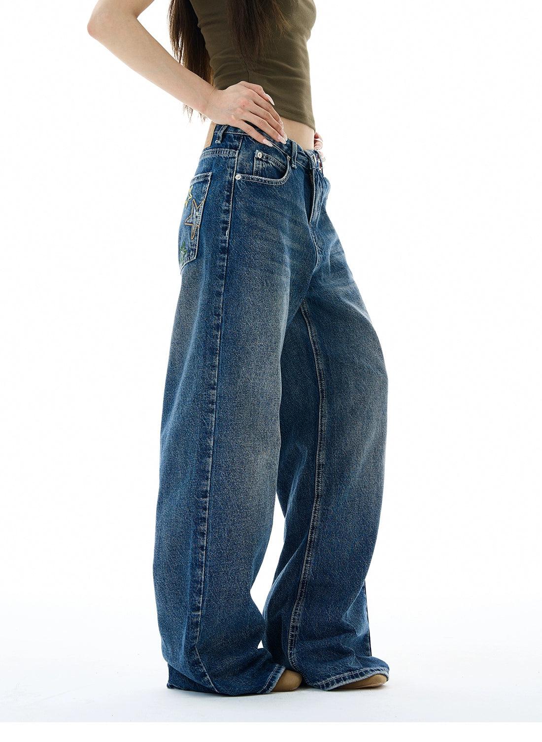 Washed & Embroidered Straight Jeans