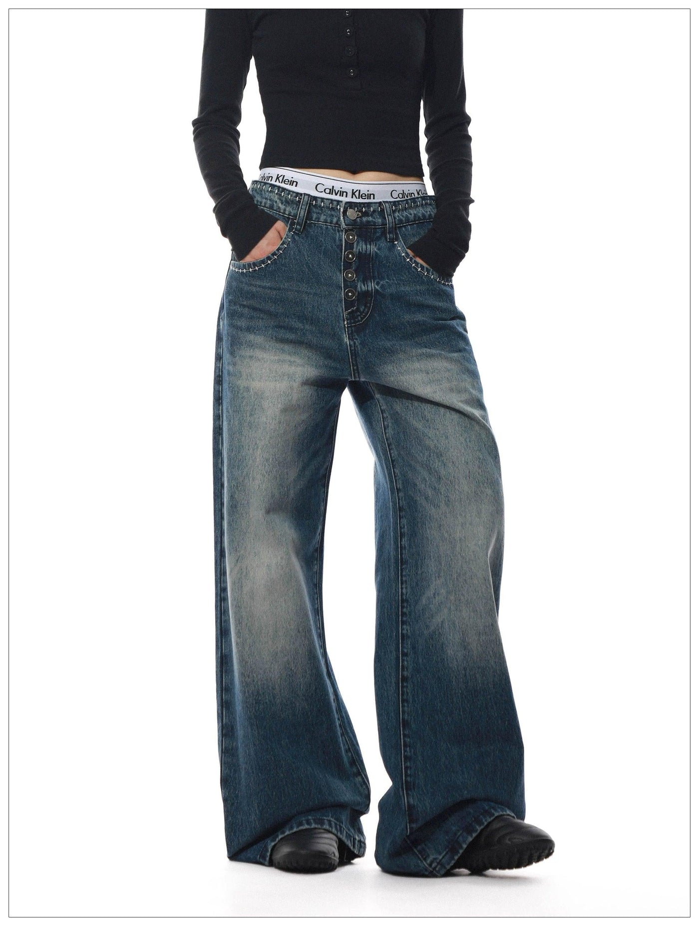 Washed Button-Down Flared Jeans