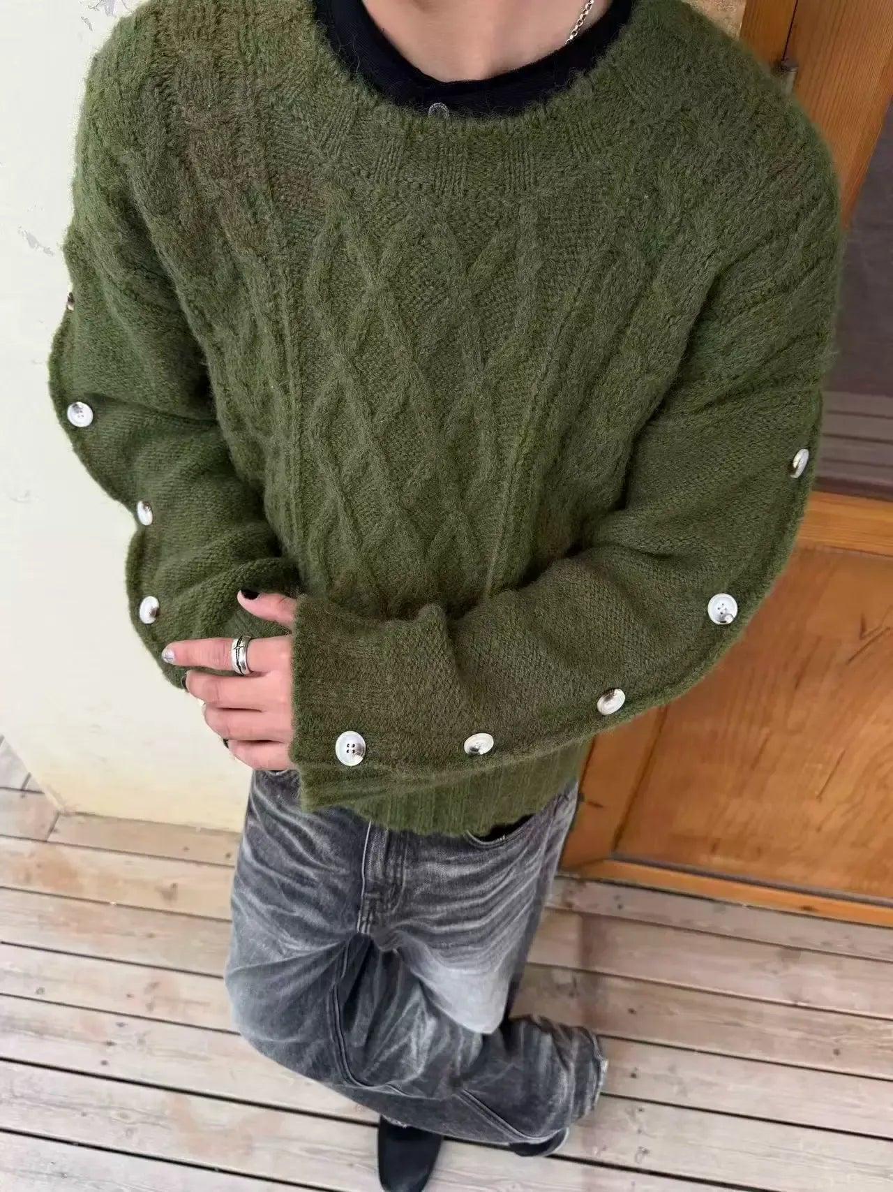 Buttoned Sleeve Pattern Knit Sweater