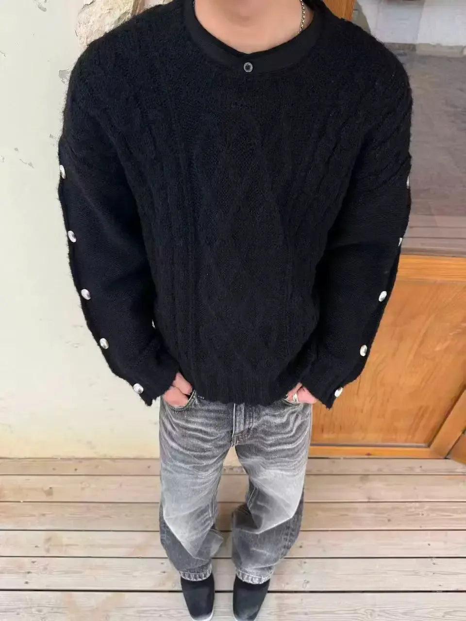 Buttoned Sleeve Pattern Knit Sweater