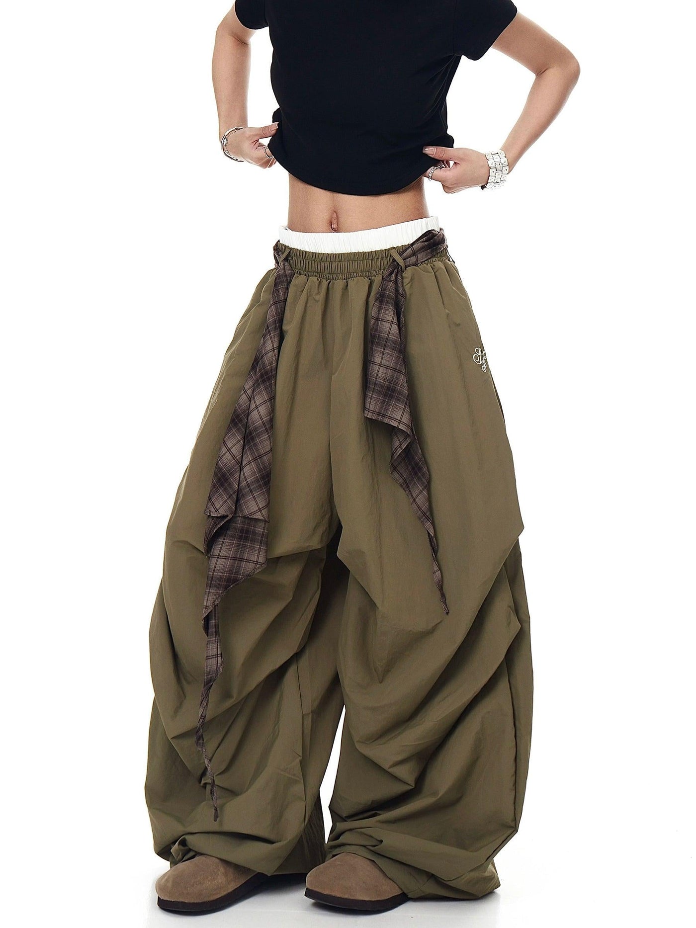 Plaid Belt Loose Track Pants