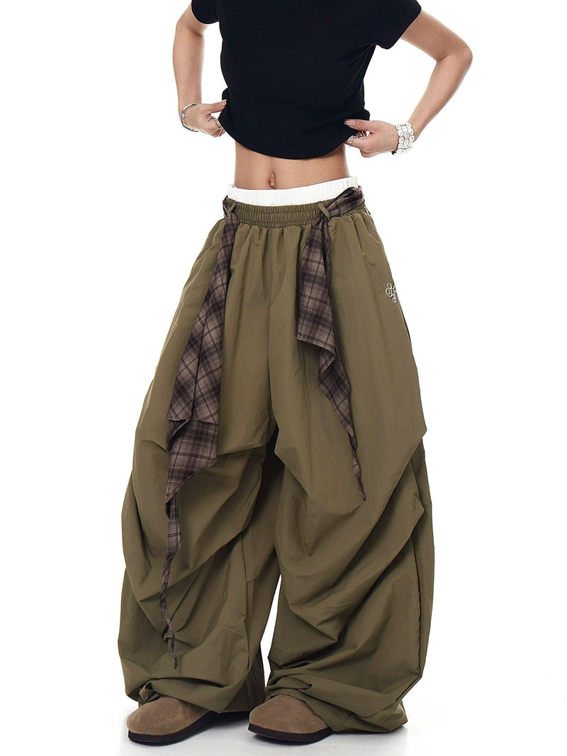 Plaid Belt Loose Track Pants