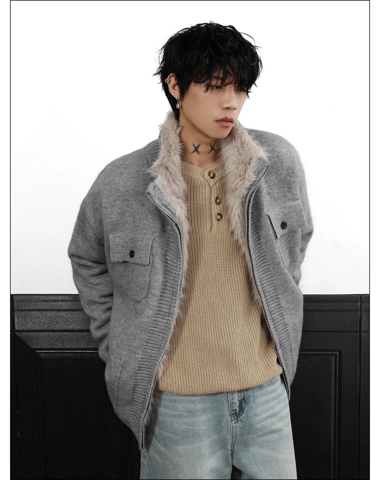 Fur Trimmed Flap Pocket Knit Jacket