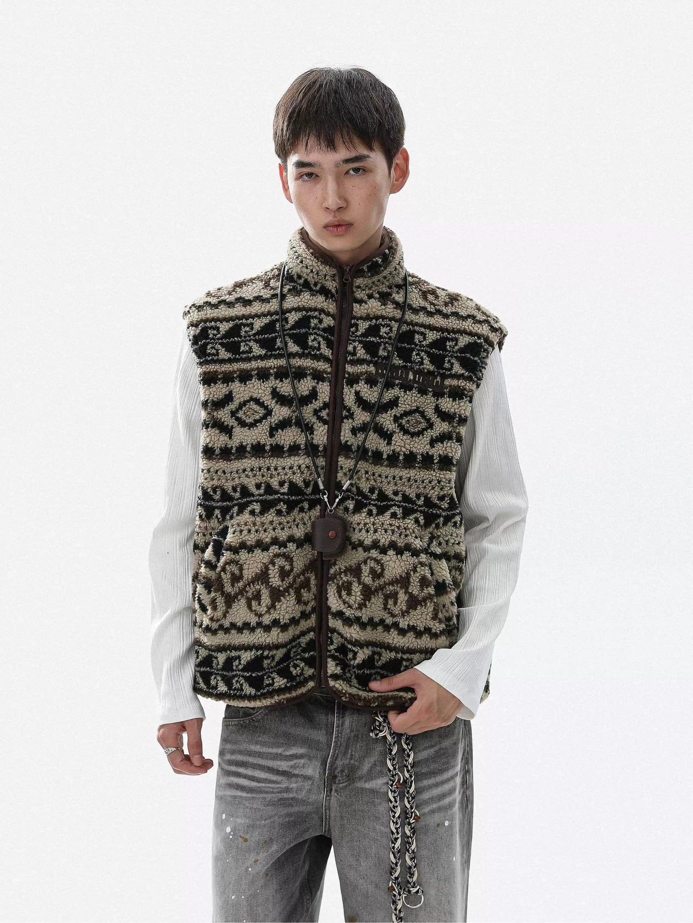 Detachable Sleeve Patterned Fleece Jacket