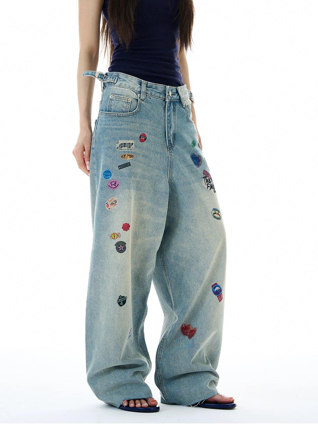 Faded Printed Stickers Wide Leg Jeans