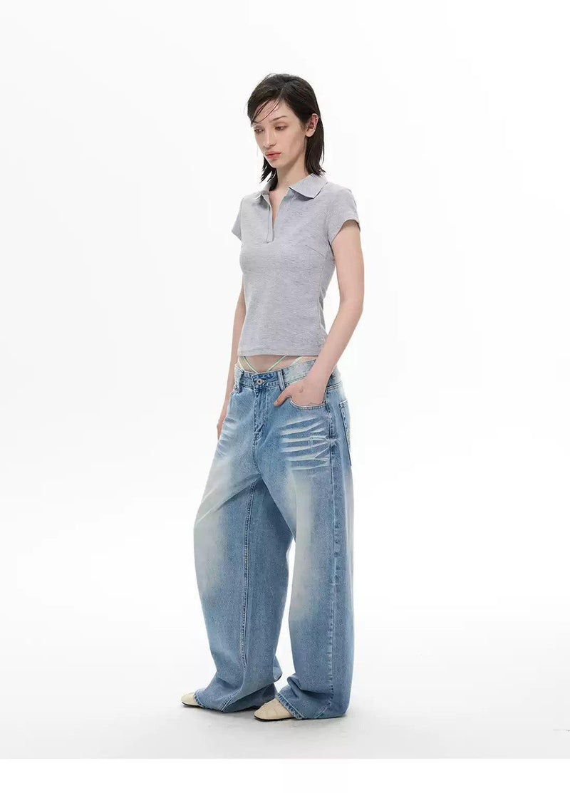 Faded Highlight Distressed Wide Jeans