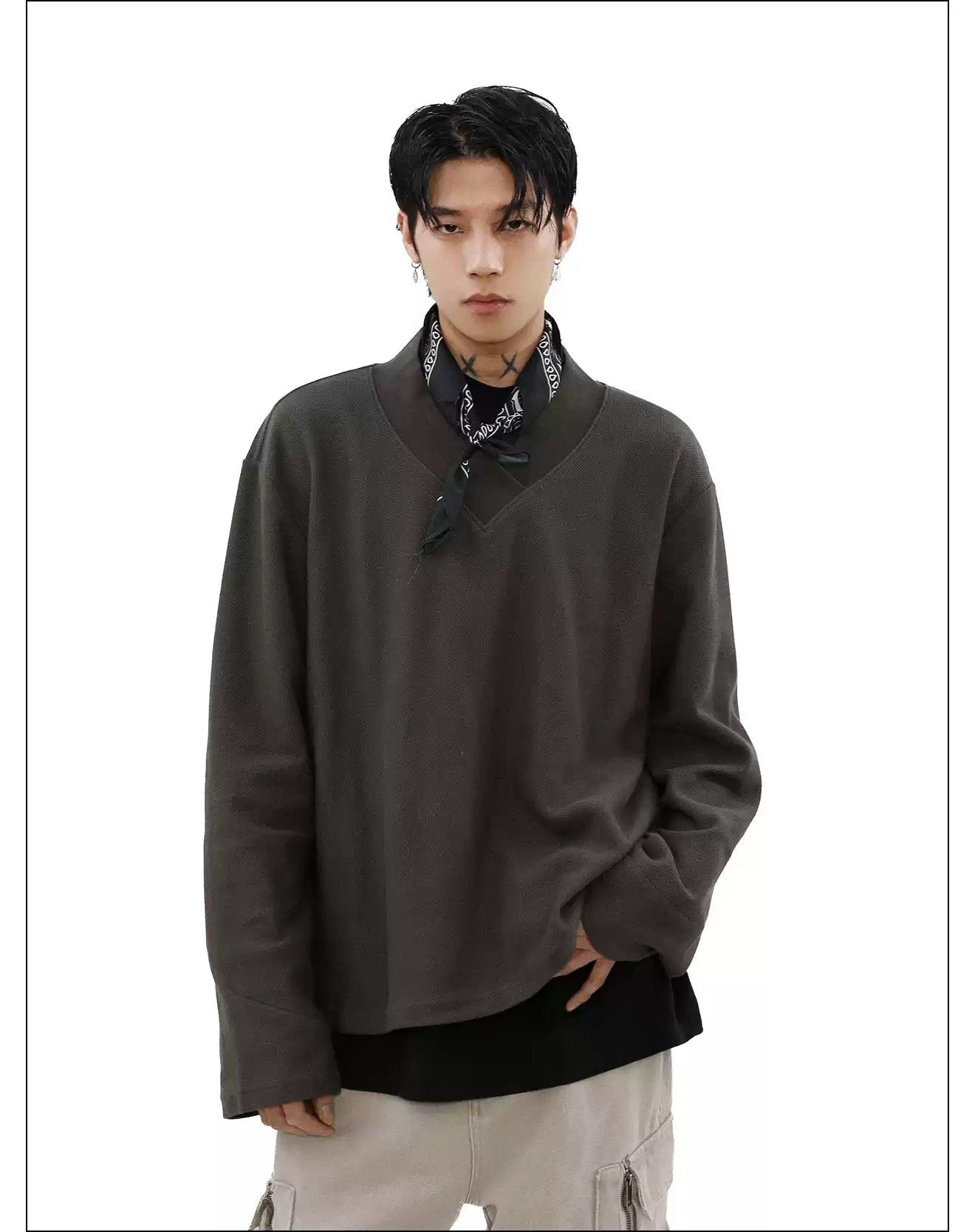 Textured V-Neck Long Sleeve T-Shirt