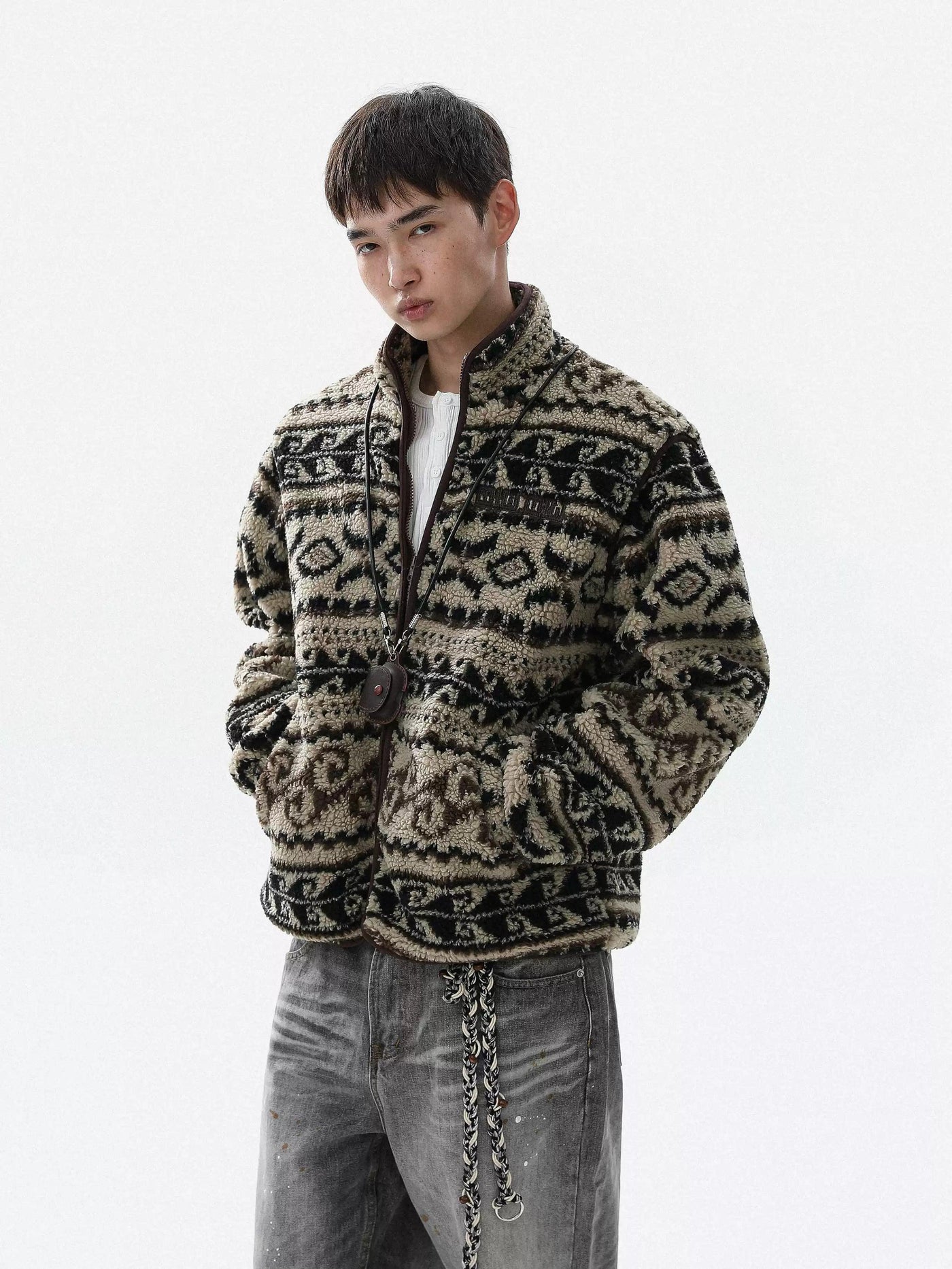 Detachable Sleeve Patterned Fleece Jacket