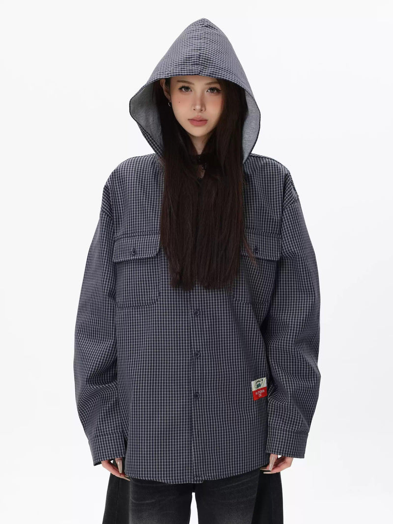 Hooded Checkered Buttoned Jacket