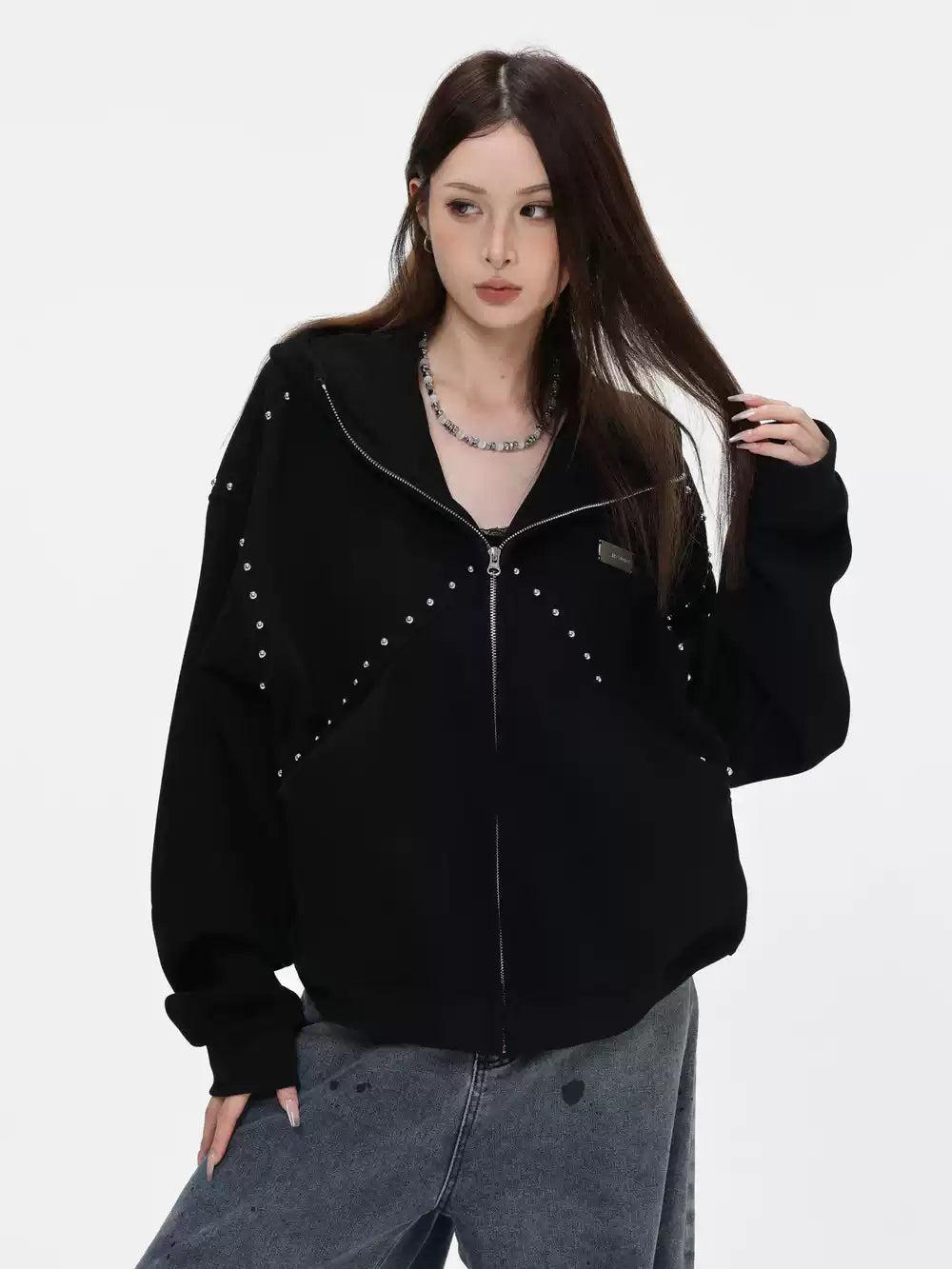 Rivet-Studded Oversize Fit Zip-Up Hoodie