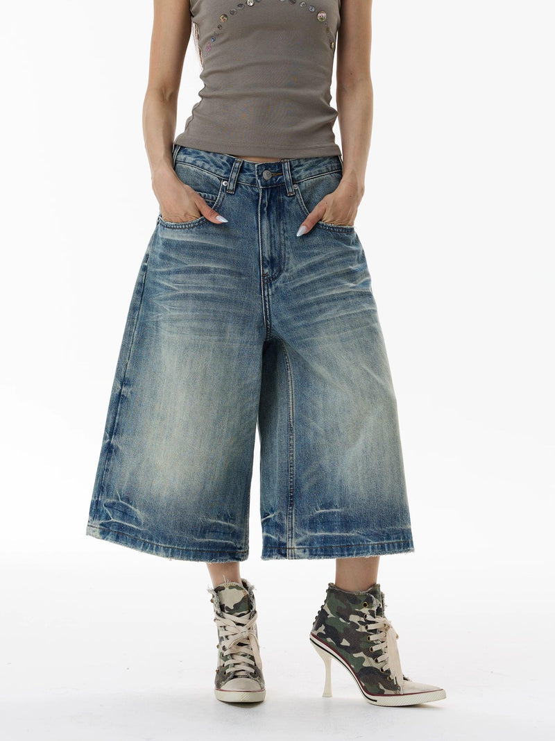 Distressed Wide Leg Denim Shorts