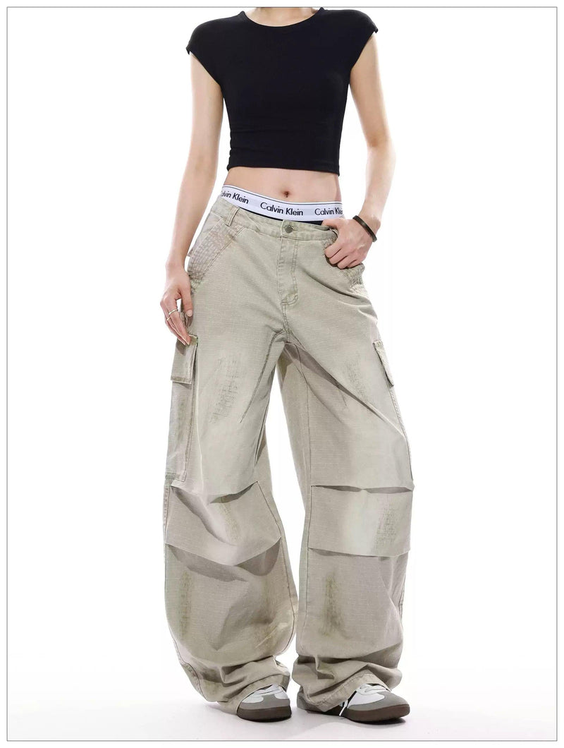 Smudged Pleated Wide Cargo Pants
