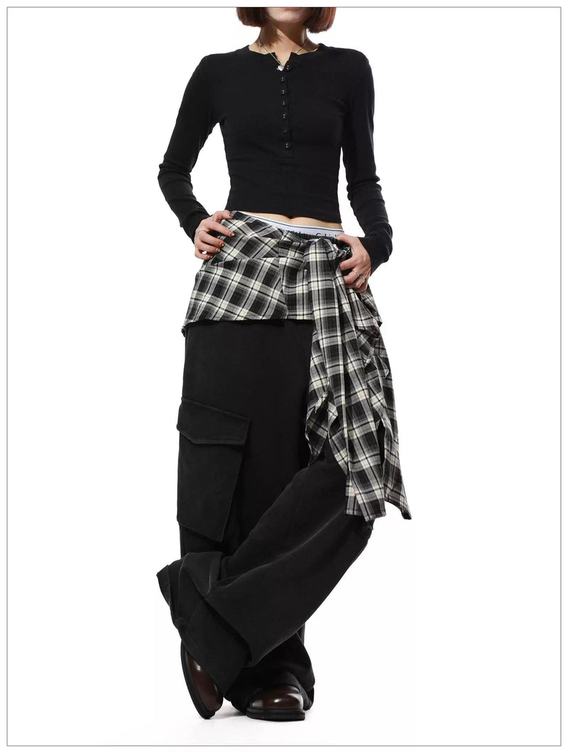 Number Printed Plaid Layered Cargo Pants