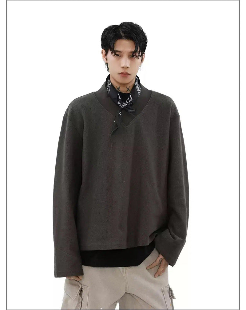 Textured V-Neck Long Sleeve T-Shirt