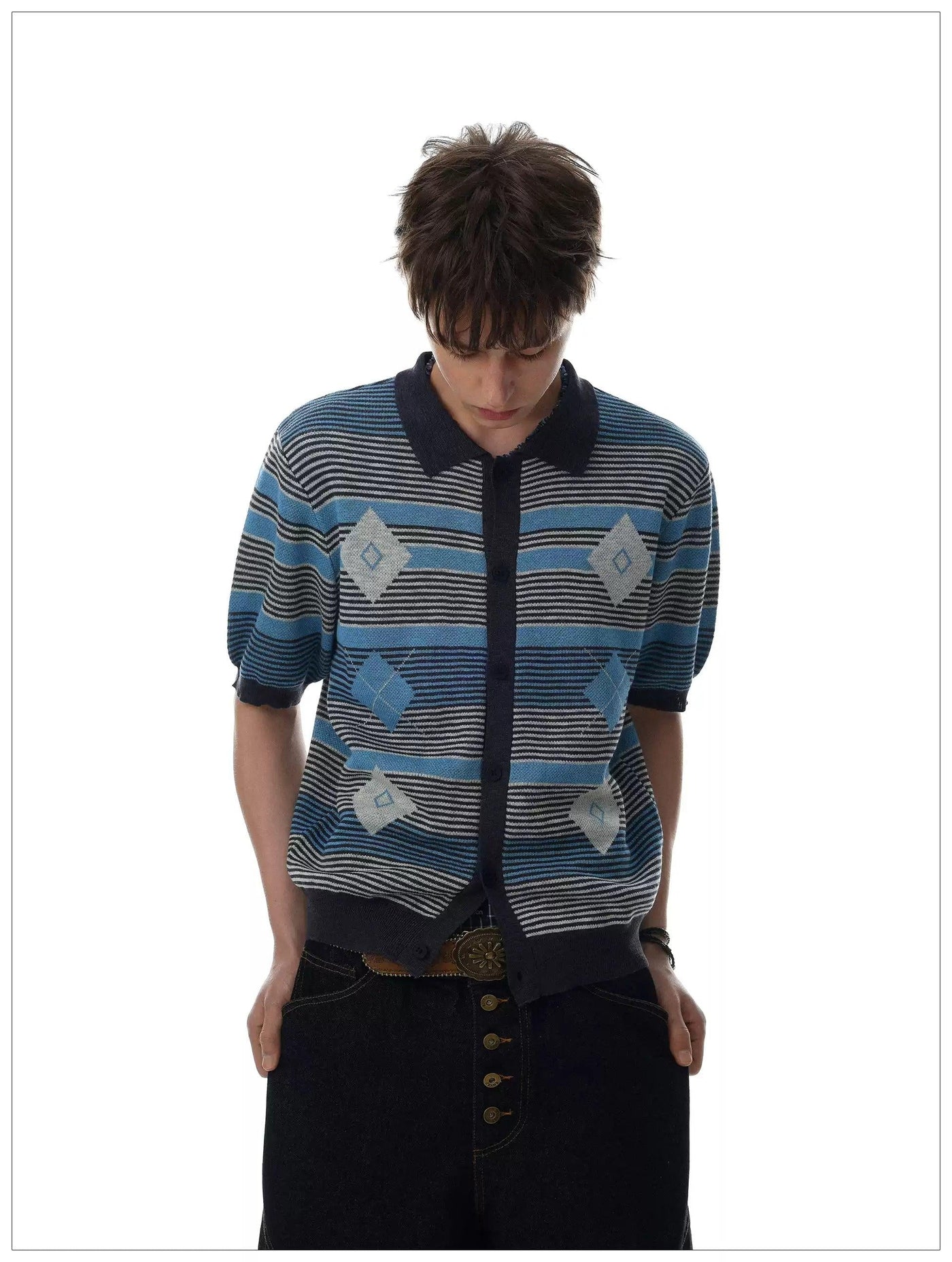 Stripe Diamond Pattern Knit Shirt