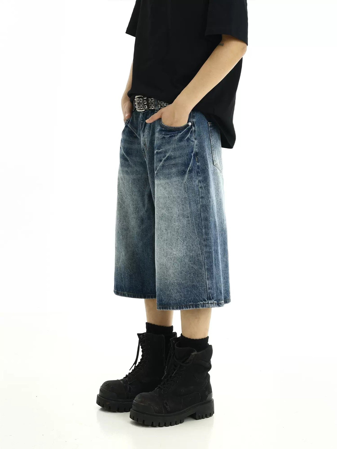 Washed Effect Lines Denim Shorts