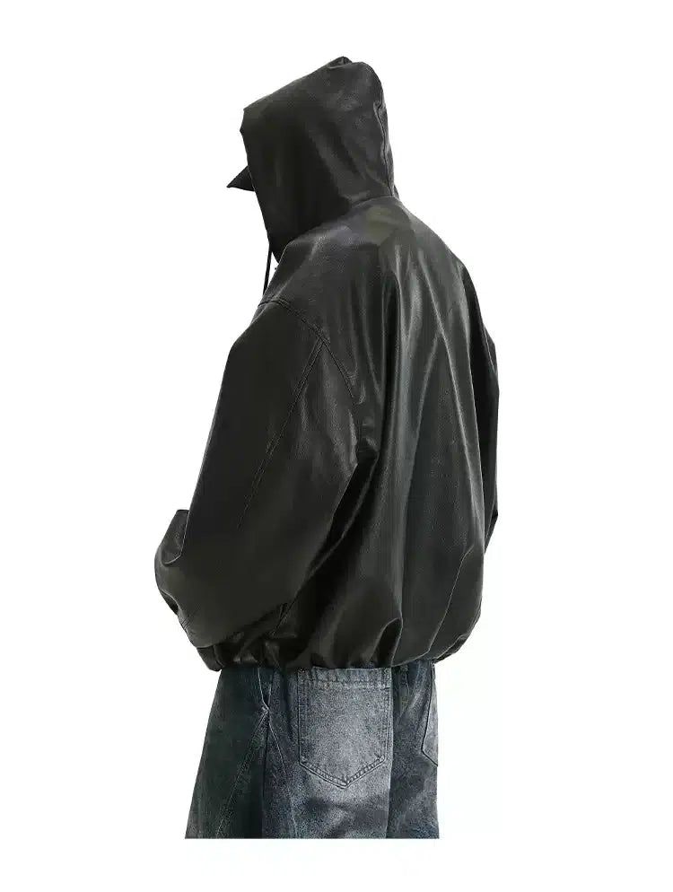 Solid Hooded PU Leather Jacket