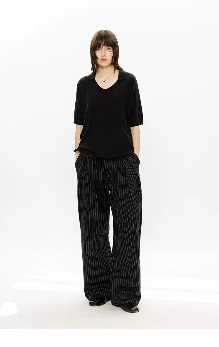 Vertical Striped Pleated Wide Leg Pants