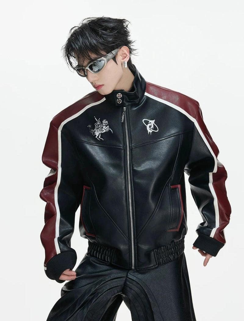 Embroidered Contrast Spliced Faux Leather Jacket