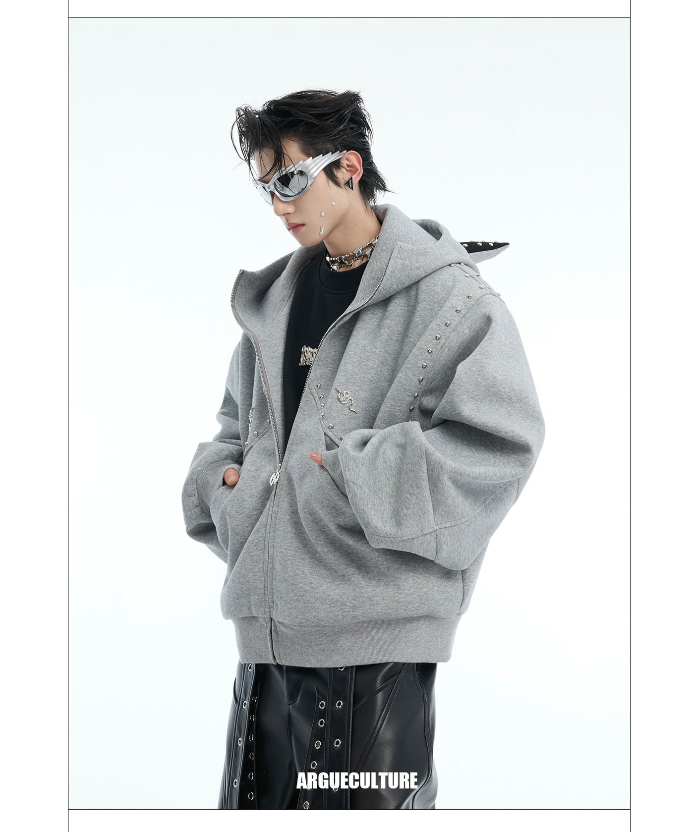 Stitched Rivet Doberman Zip-Up Hoodie