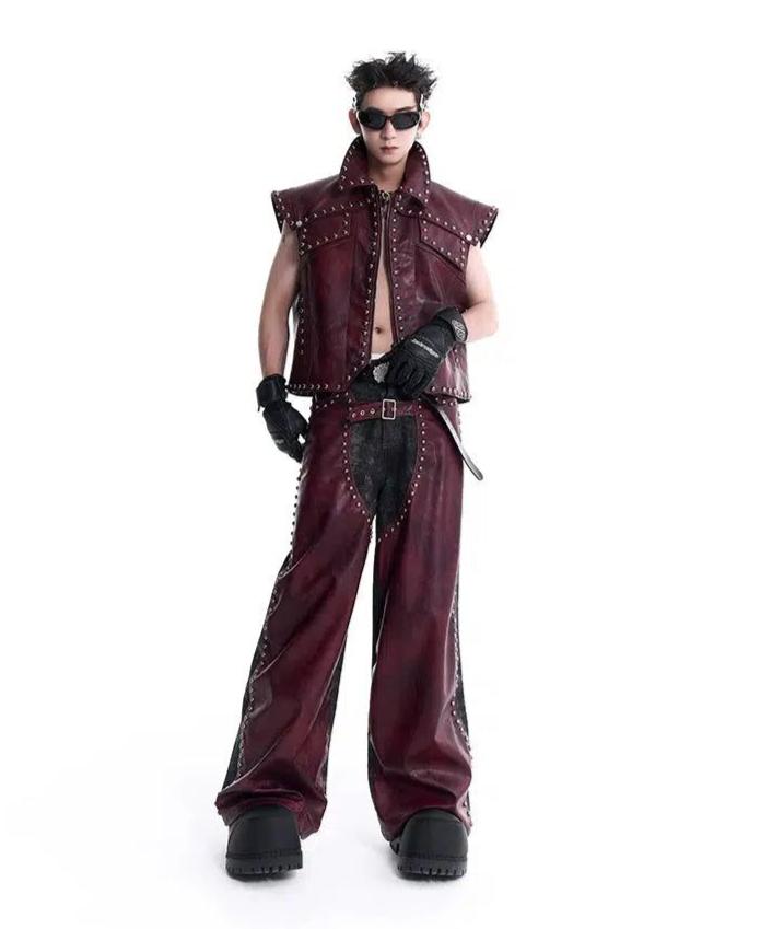 Structured Metal Rivet PU Leather Vest & Spliced Pants Set
