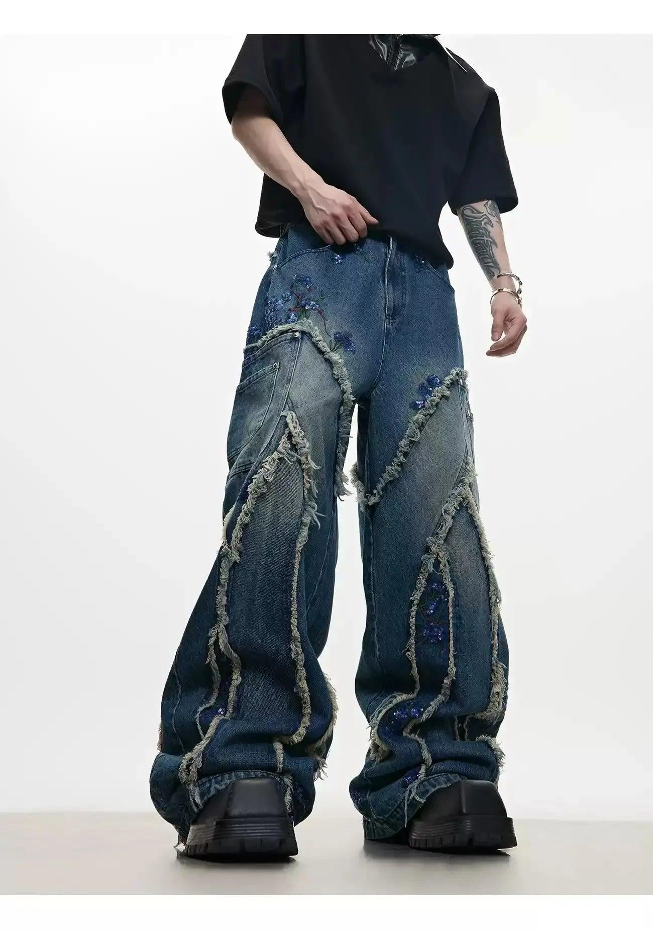 Sequin Embroidered Raw Seam Wide Jeans