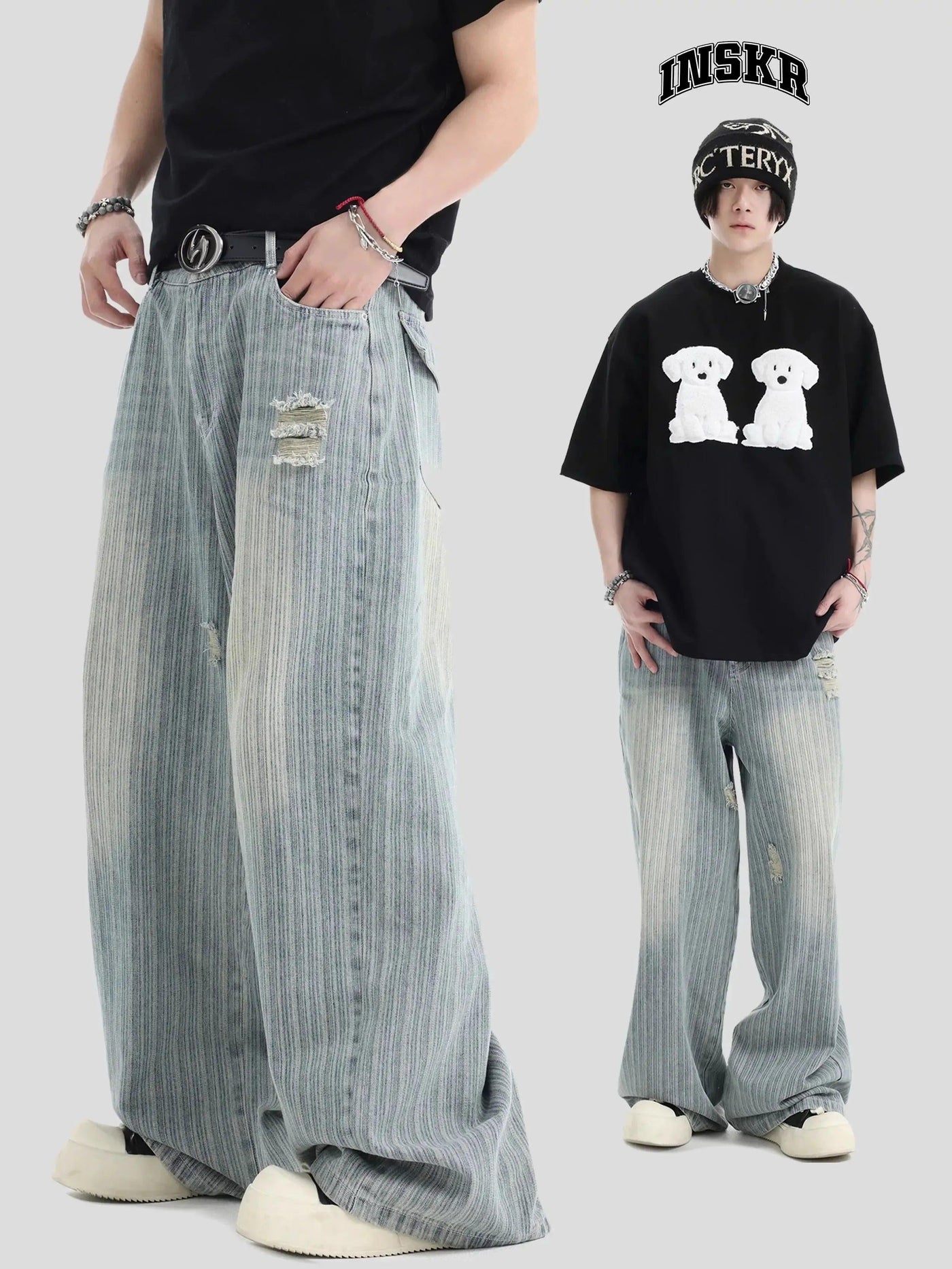 Faded Vertical Striped Distressed Jeans