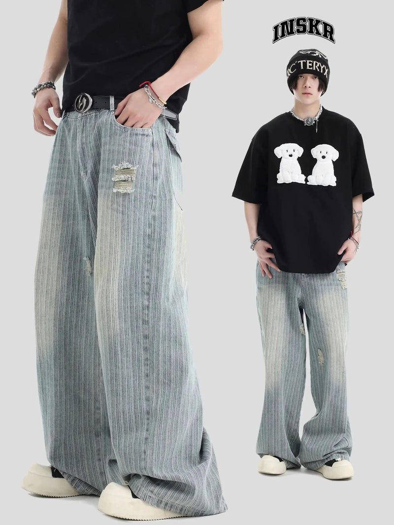 Faded Vertical Striped Distressed Jeans