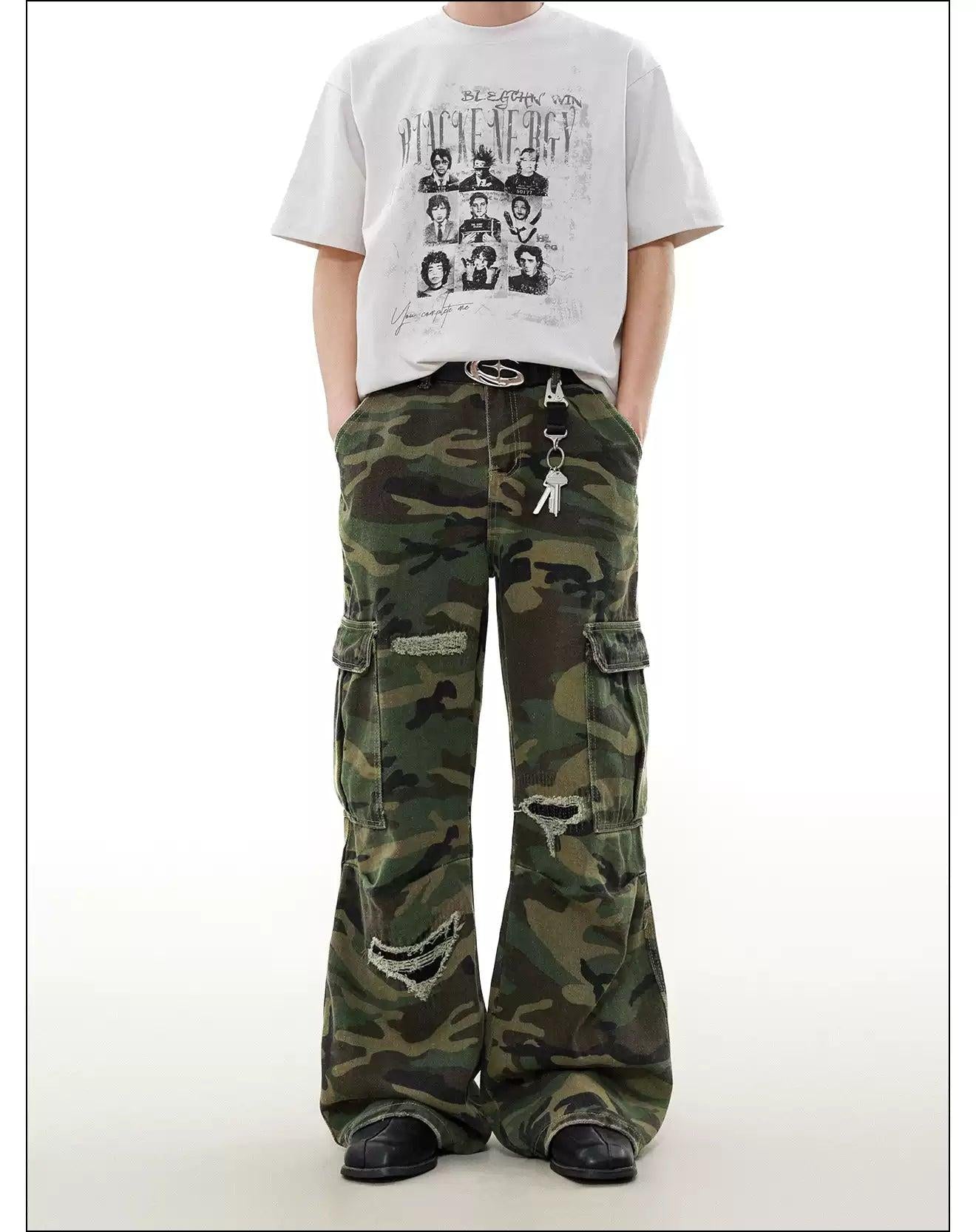Ripped Frayed Camo Cargo Pants