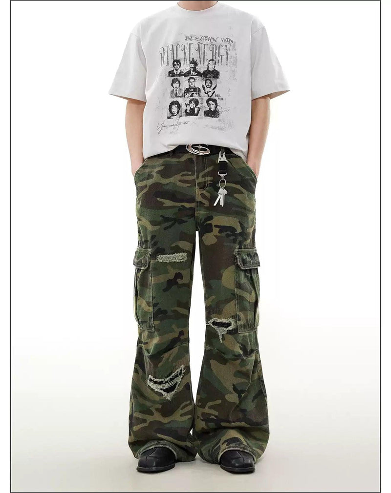 Ripped Frayed Camo Cargo Pants