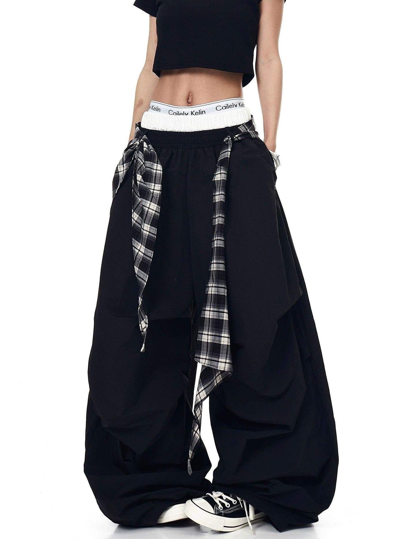 Plaid Belt Loose Track Pants