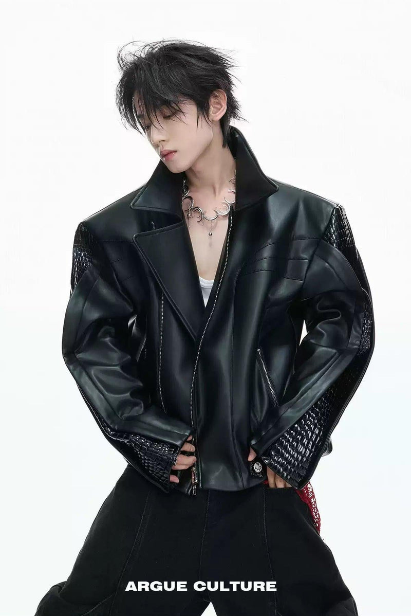 Textured Spliced PU Leather Jacket