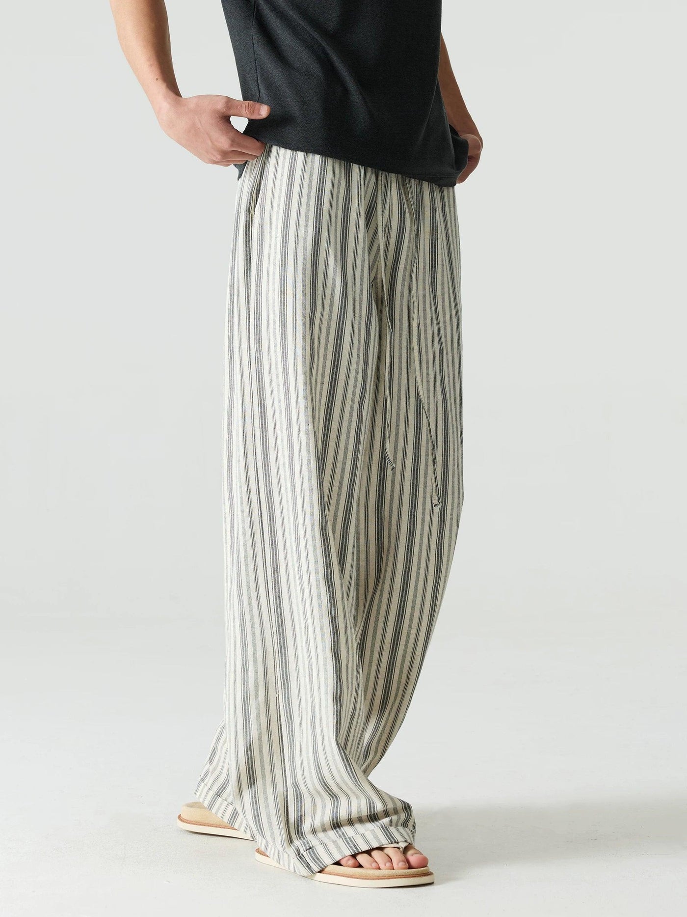 Linen Blend Striped Wide Leg Trousers