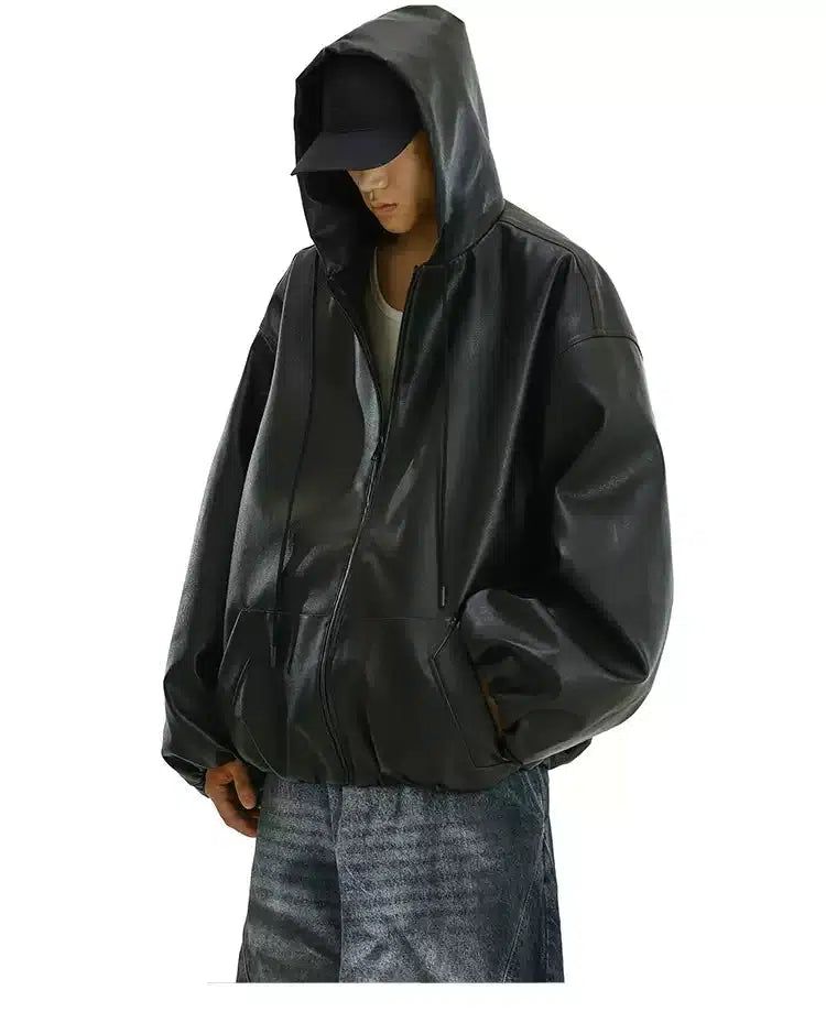 Solid Hooded PU Leather Jacket